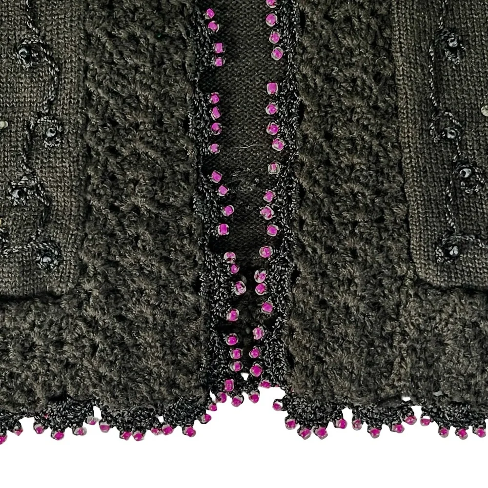 Just Be Black Beaded Faux Fur Collar Open Cardigan Sz S-M Tassel Tie Closure